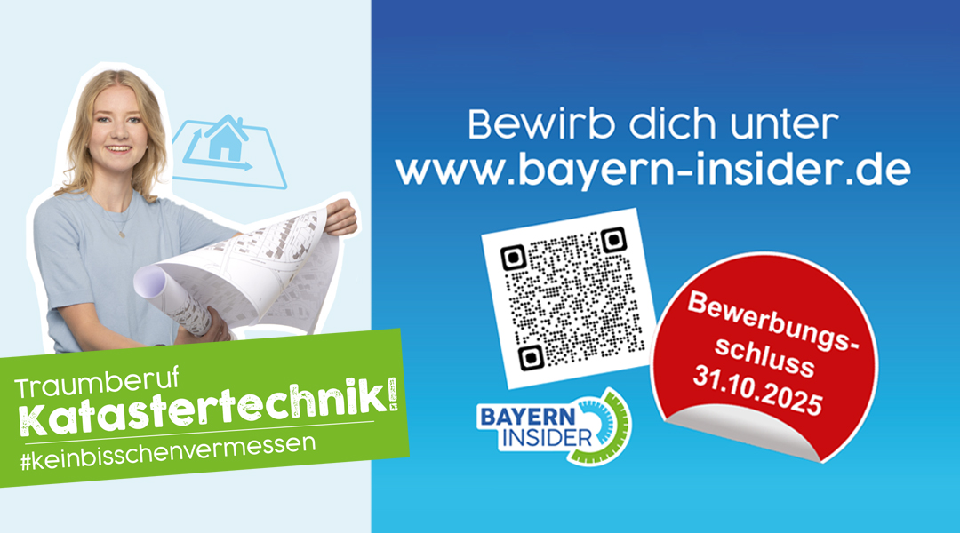 Frau mit Karte, Text: Traumberuf Katastertechnik, Bewirb dich unter www.bayern-insider.de, Bewerbungsschluss 31.10.2025, Logo Bayern Insider und QR-Code zur Bewerbungsseite